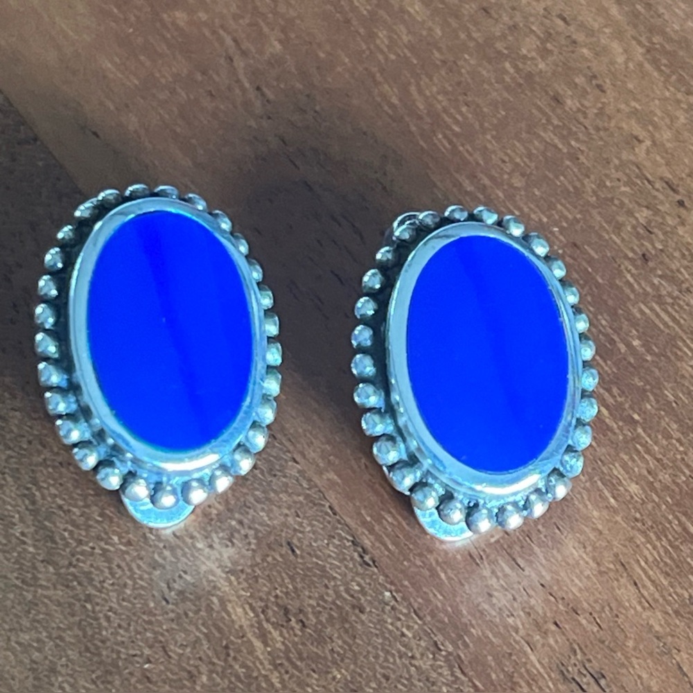 Vintage 925 Sterling Silver Blue Lapis Clip-on Earrings 10g - .75”L x .5W
